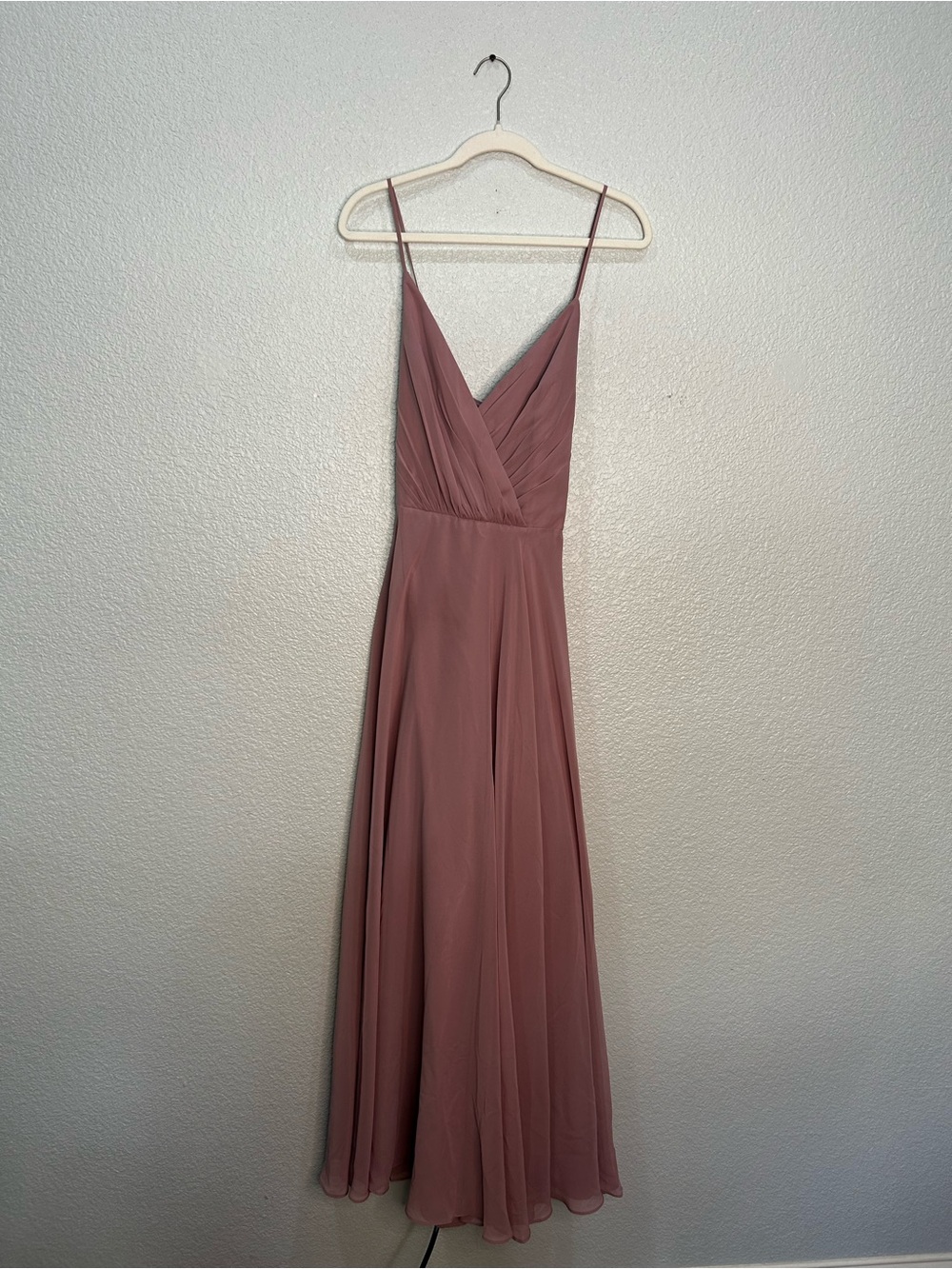 David's Bridal Spaghetti Strap Full Skirt Dress in Quartz with Chiffon Wrap